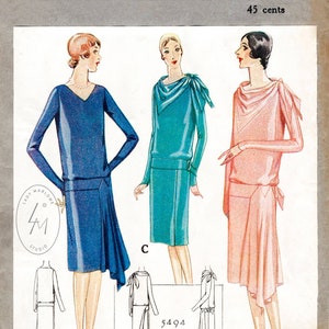 vintage sewing pattern 1920s 20s dress pattern // bias cut drape // drop waist // day or evening // reproduction  // bust 32 34 36 38 40 42