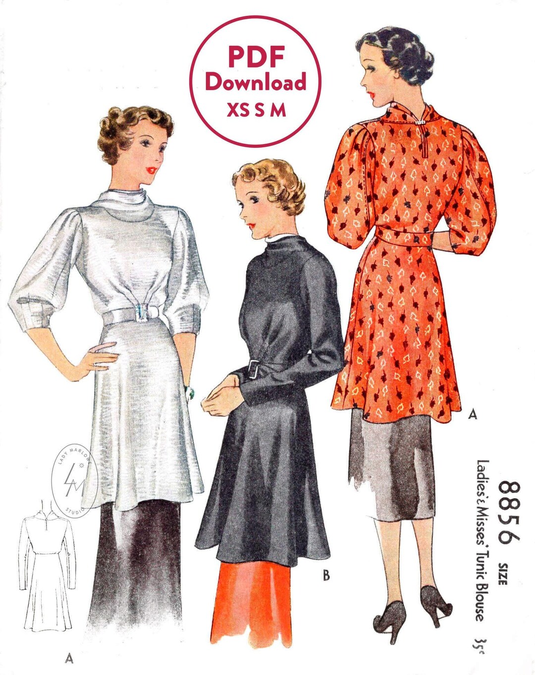 XS S M 1930s 30s Blouse Vintage Sewing Pattern Reproduction / Tunic ...