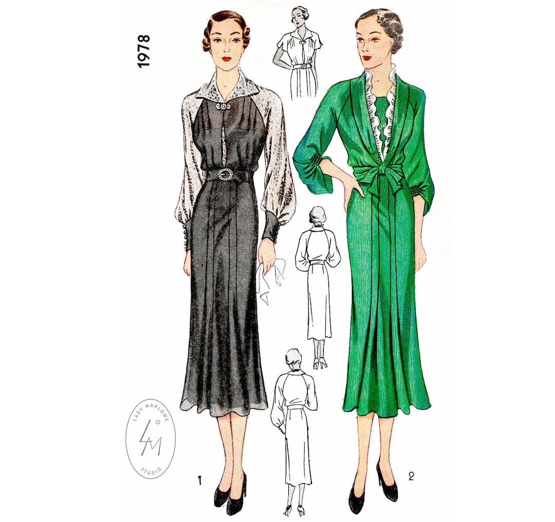 1930s 30s Dress Vintage Sewing Pattern // Shawl Collar // Bishop ...