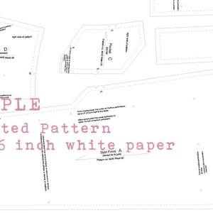 Puede incluir: Un patr&oacute;n de costura impreso en papel blanco. El patr&oacute;n incluye piezas para un canes&uacute;, un delantero de falda y una campana. El texto "SAMPLE Printed Pattern on 36 inch white paper" est&aacute; impreso en la p&aacute;gina.