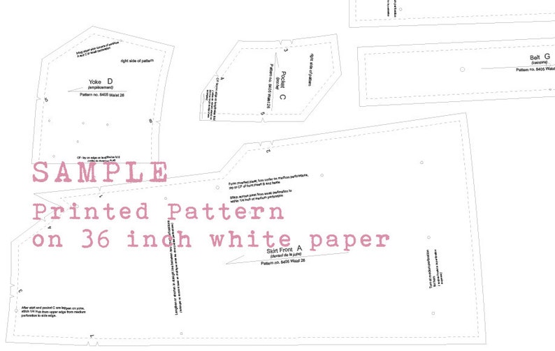 Puede incluir: Un patr&oacute;n de costura impreso en papel blanco. El patr&oacute;n incluye piezas para un canes&uacute;, un delantero de falda y una campana. El texto "SAMPLE Printed Pattern on 36 inch white paper" est&aacute; impreso en la p&aacute;gina.