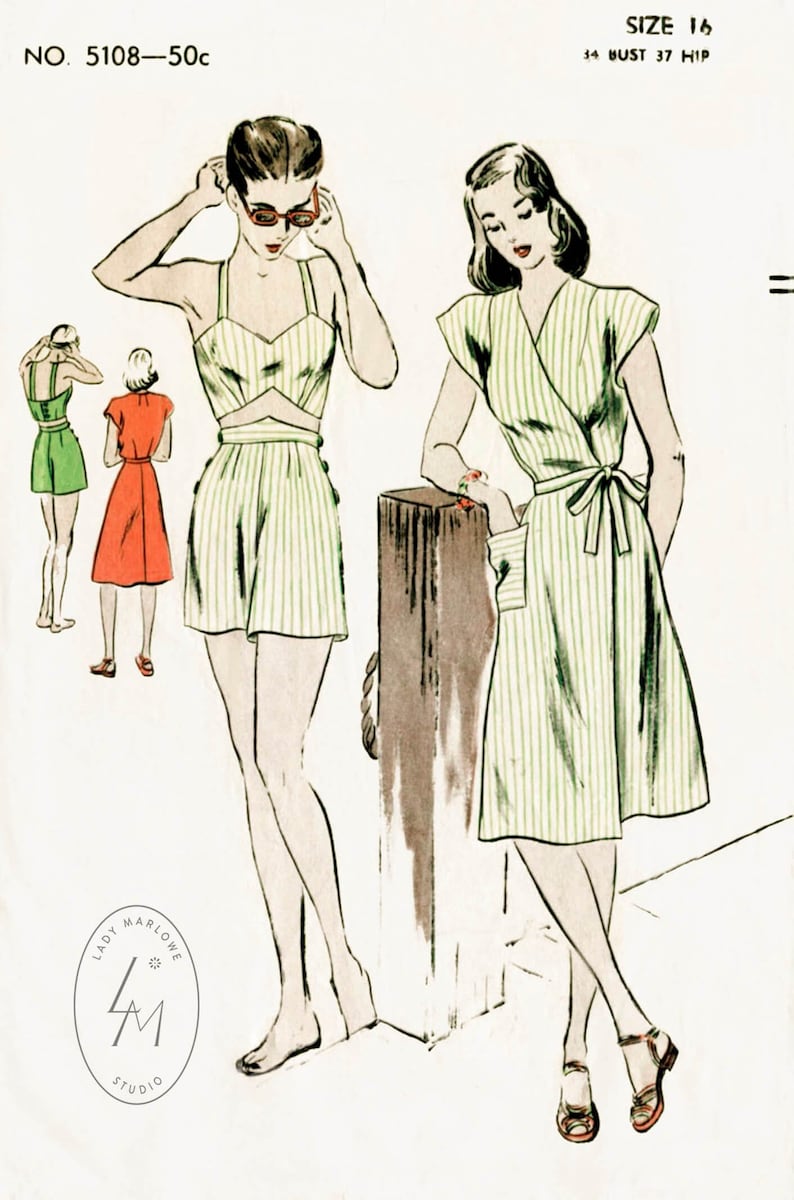 Puede incluir: Un patr&oacute;n de costura vintage para un vestido de rayas verdes y blancas con un corpi&ntilde;o de estilo envolvente y una falda que llega a la rodilla. El patr&oacute;n es para la talla 16, con un busto de 86 cm y una cadera de 94 cm. El patr&oacute;n es de Lady Marlowe Studio.