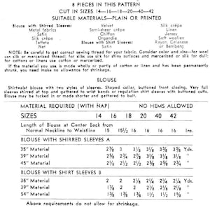 Pu&ograve; includere: Un modello di cucito vintage per una blusa con maniche arricciate o maniche da camicia. Il modello include istruzioni per tagliare e cucire la blusa nelle taglie 14-16-18-20-40-42. Il modello include anche un elenco di materiali adatti per la blusa, tra cui velluto, cr&ecirc;pe semitrasparente, chiffon, organza, raso, cr&ecirc;pe di seta, lino, jersey, lana morbida, rayon, celanese o bemberg.