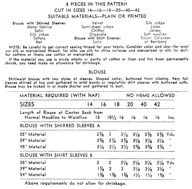 Pu&ograve; includere: Un modello di cucito vintage per una blusa con maniche arricciate o maniche da camicia. Il modello include istruzioni per tagliare e cucire la blusa nelle taglie 14-16-18-20-40-42. Il modello include anche un elenco di materiali adatti per la blusa, tra cui velluto, cr&ecirc;pe semitrasparente, chiffon, organza, raso, cr&ecirc;pe di seta, lino, jersey, lana morbida, rayon, celanese o bemberg.