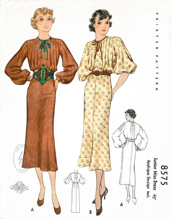 1930s 30s Dress Vintage Sewing Pattern / Peasant Blouse Dress / Girdle Belt  / Bust 32 33 34 36 38 Reproduction/ 1930 -  Canada