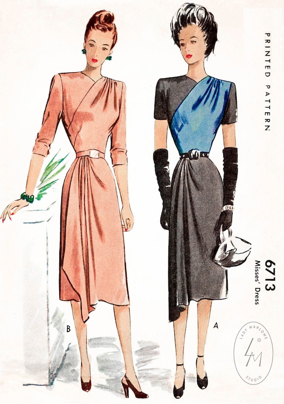 1940s cocktail dress grecian drape vintage sewing pattern reproduction –  Lady Marlowe