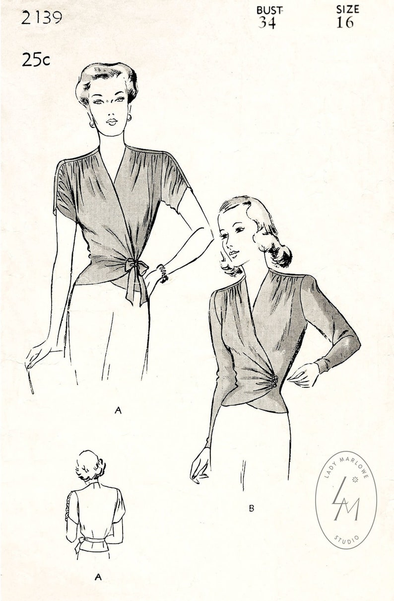 1940 Vintage Sewing Pattern 1940s 40s Wrap Blouse Reproduction Etsy