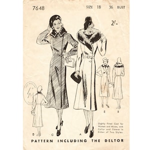 vintage sewing pattern 1930s 1940s  fitted coat fur collar belted bust 36 b36 reproduction