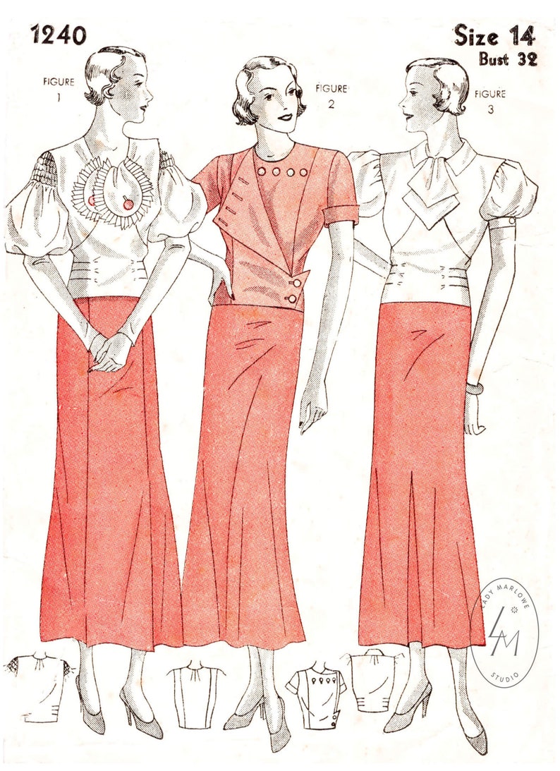 May include: A vintage sewing pattern for a dress with three different styles. The pattern is for size 14 with a bust measurement of 32 inches. The pattern includes instructions for making a dress with a white top and a red skirt.
