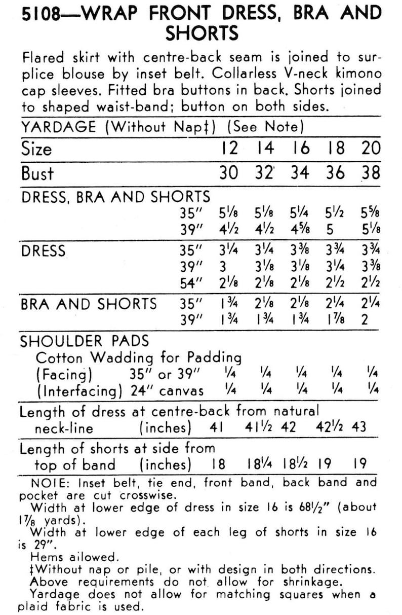 Puede incluir: Un patr&oacute;n de costura para un vestido de envoltura frontal, sujetador y pantalones cortos. El patr&oacute;n incluye los requisitos de yarda para diferentes tama&ntilde;os, de 12 a 20, y medidas de busto de 30 a 38 pulgadas. El patr&oacute;n tambi&eacute;n incluye instrucciones para almohadillas para los hombros, entretela y la longitud del vestido y los pantalones cortos.