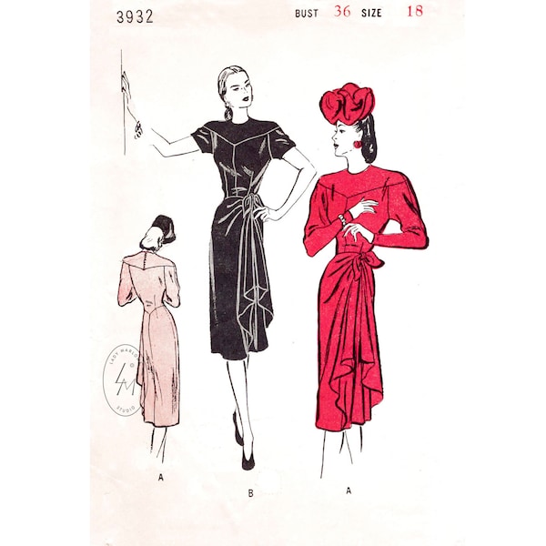 1940 vintage sewing pattern 1940s 40s dress pattern // noir dress // draped skirt // round shoulders // reproduction // bust 36