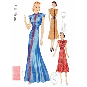 vintage sewing pattern 1930s 30s evening gown or day dress  reproduction // cap sleeves // braid trim // bust 32 34 36 38 40/ 1930