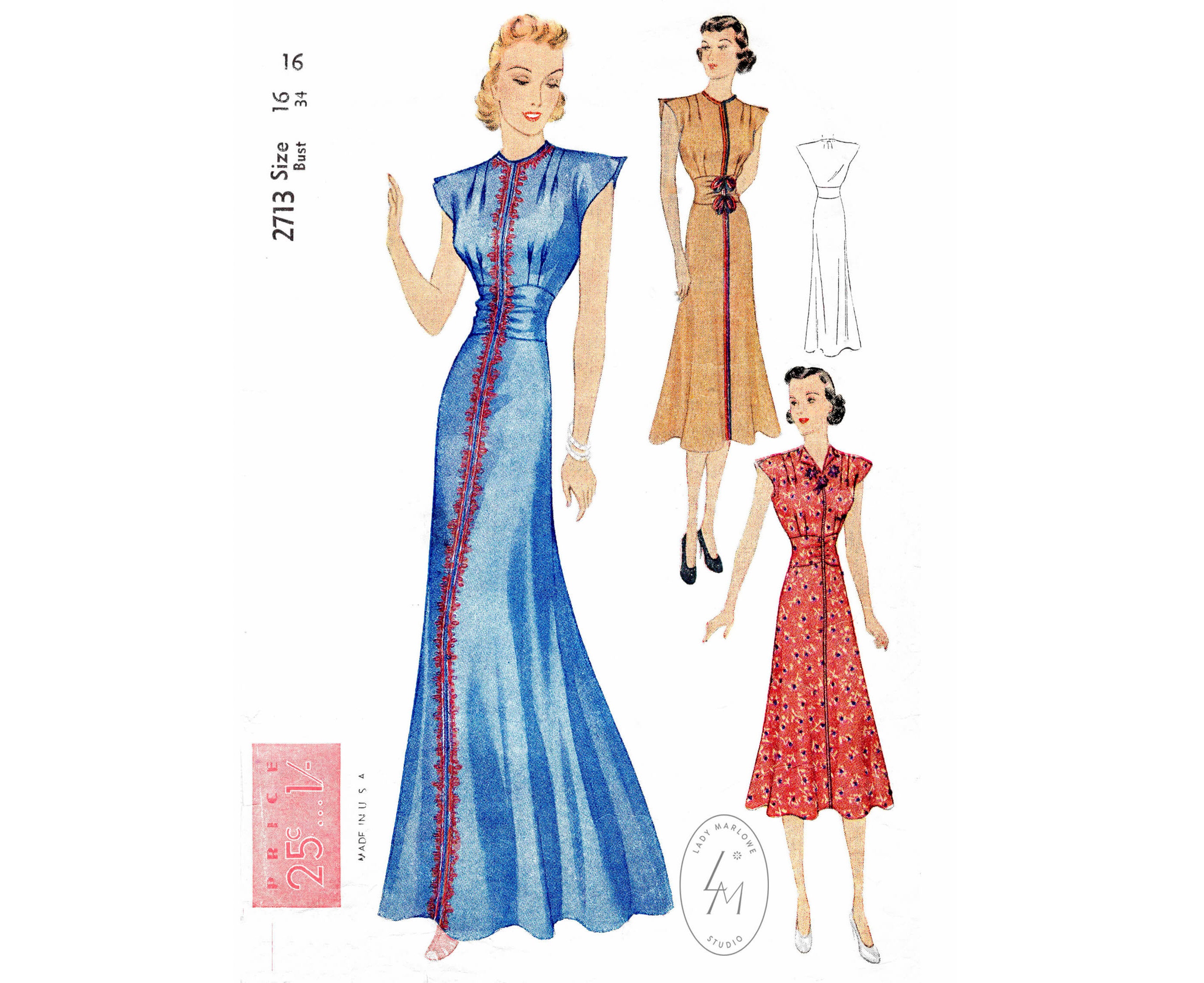 Vintage Sewing Pattern 1930s 30s Evening Gown or Day Dress Reproduction //  Cap Sleeves // Braid Trim // Bust 32 34 36 38 40/ 1930 - Etsy