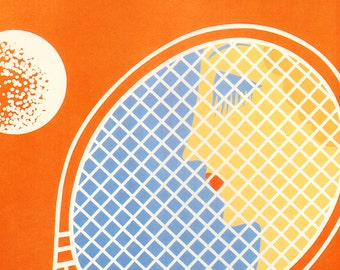 May include: A white tennis racket with a blue and yellow grid pattern on the face. The racket is on an orange background with white tennis balls.