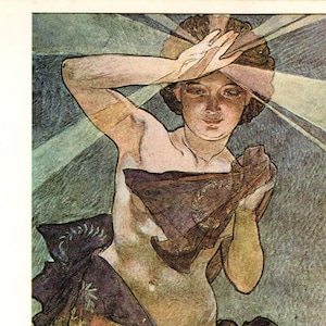 May include: A woman wearing a flowing robe with a purple and gold patterned design. She is standing with her arms raised, shielding her eyes from the bright light. The background is a soft, blue and white sky.