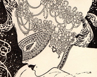 May include: Black and white illustration of a woman wearing a masquerade mask with a floral design. The woman is wearing a large, elaborate hat with flowers and ribbons. The text "Spirit of Hollywood" is at the bottom of the image.
