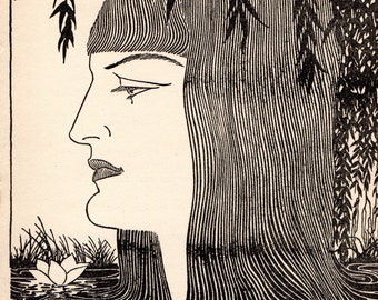 May include: A black and white illustration of a woman's face with long hair, partially submerged in water. The woman's face is in profile, and her hair is flowing down around her. There are three white water lilies in the water.