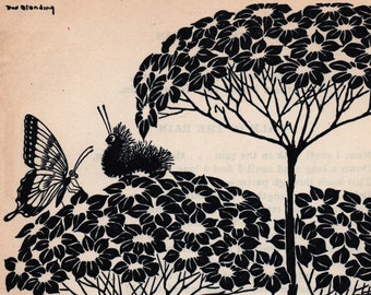 May include: Black and white silhouette illustration of a butterfly, a caterpillar, and three plants with flowers. The plants have long stems and many small flowers.