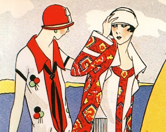 Op de afbeelding: Twee vrouwen in vintage kleding staan op een dek. De vrouw links draagt een witte en rode jurk met zwarte accenten en een rode hoed. De vrouw rechts draagt een witte jurk met een rood-wit gepatroneerd jasje en een witte hoed.