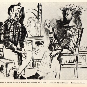 May include: Black and white line drawing of a woman with a monkey and a clown. The woman is wearing a striped dress and a hat with flowers. The monkey is sitting on her lap and the clown is sitting on a stool. The drawing is in a cubist style.