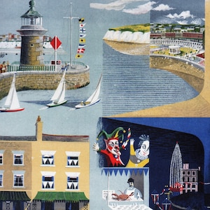 Puede incluir: Cartel de viaje vintage de Ramsgate, con un faro, veleros y edificios. El cartel incluye el texto "RAMSGATE" en letras grandes, con "Express trains from London (Victoria)" y "BRITISH RAILWAYS" en la parte inferior.