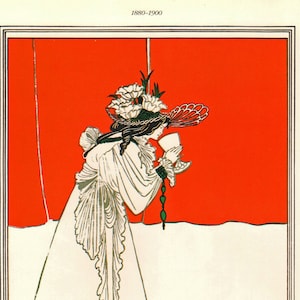 Peut inclure: Une illustration en noir et blanc d'une femme en robe blanche avec un grand chapeau. L'arrière-plan est rouge. Le texte "ISOLDE" est écrit en vert au bas de l'image.