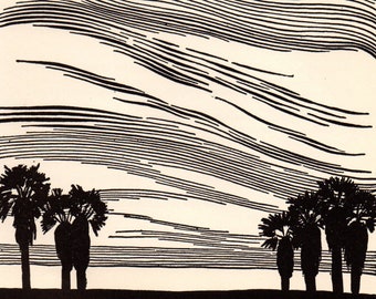 May include: Black and white line art print of palm trees against a background of wavy lines. The print has a vintage aesthetic.