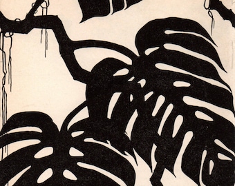 May include: Black and white illustration of tropical leaves with a vine pattern. The leaves are large and have a distinctive shape.