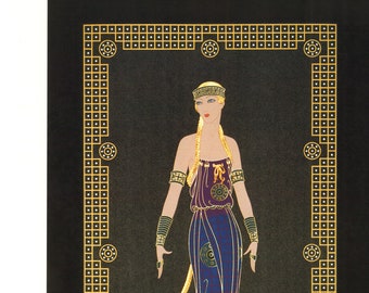 May include: A woman in a purple and blue patterned dress with gold accents stands against a black background. The dress has a long, flowing skirt and a fitted bodice. The woman is wearing a gold headband and has long blonde hair. The background is decorated with a gold frame.