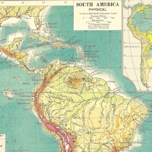 May include: A vintage map of South America, depicting the physical features of the continent. The map is colour-coded to show different elevations, with green representing lowlands, yellow representing highlands, and brown representing mountains. The map also shows major rivers, cities, and other geographical features.