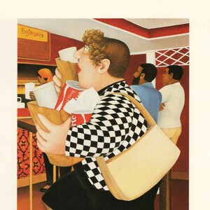 May include: A woman in a black and white checkered shirt and a black skirt carries a brown bag with a Coca-Cola can and other items. She is walking up a set of stairs. The sign above her reads "Bojangles".