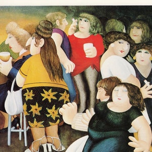 Puede incluir: Una pintura de un grupo de personas en un ambiente de bar. Las personas llevan ropa colorida y algunas sostienen bebidas. La pintura está realizada en un estilo de dibujos animados con rasgos exagerados.