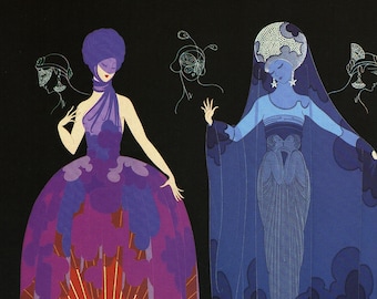 May include: Two women in elaborate costumes stand against a black background with gold stripes. The woman on the left wears a purple and red dress with a large sunburst design. The woman on the right wears a blue gown with a flowing veil and a floral pattern.