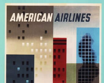 AMERICAN AIRLINES a Nueva York Vintage Travel Poster Original Bookplate