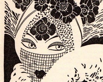 May include: Black and white illustration of a woman wearing a feathered headdress and a veil. The woman's face is partially obscured by the veil. The illustration is in a stylized art deco style.