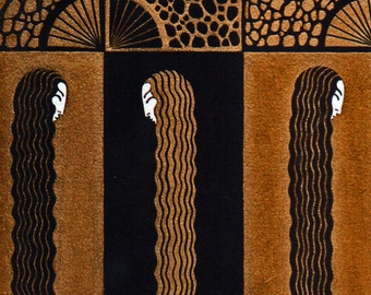 May include: A repeating pattern of six stylised figures with long, wavy hair, set against a black background with a gold and black geometric border.
