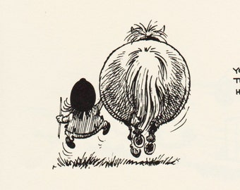 May include: A black and white illustration of a person riding a pony. The caption reads "You must bear in mind that fat ponies can be hard on the legs... and thin ones hard on the jodhpurs."