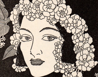 May include: Black and white illustration of a woman's face with a floral crown. The woman has dark hair and is wearing a dark dress. The background is a dark floral pattern.