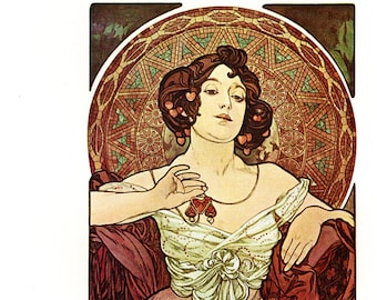May include: Art Nouveau style illustration featuring a woman with auburn hair and a decorative halo. She wears a light green dress and a necklace. Large red flowers are in the foreground, with a dark red background.