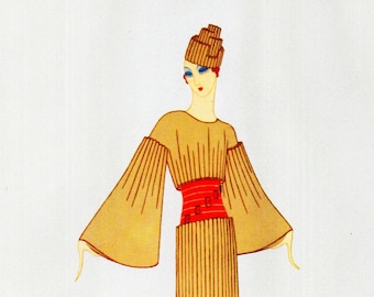 May include: A vintage illustration of a woman wearing a brown dress with a red belt and a brown hat. The woman has blue eyes and red lips. The illustration is done in a simple style with a white background.