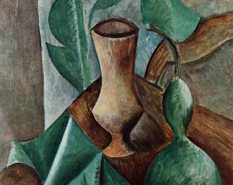 May include: A still life painting featuring a green gourd, a brown vase, and green fabric on a brown table. The painting is done in a cubist style.