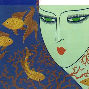 May include: A stylized illustration of a woman's face with green eyes and red lips, surrounded by orange and brown coral and gold fish in a blue bowl.
