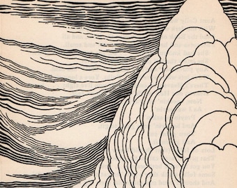 May include: Black and white illustration of a landscape with a large, layered cloud formation in the sky and a mountain range in the foreground. The clouds are drawn with a series of lines that create a sense of depth and movement.