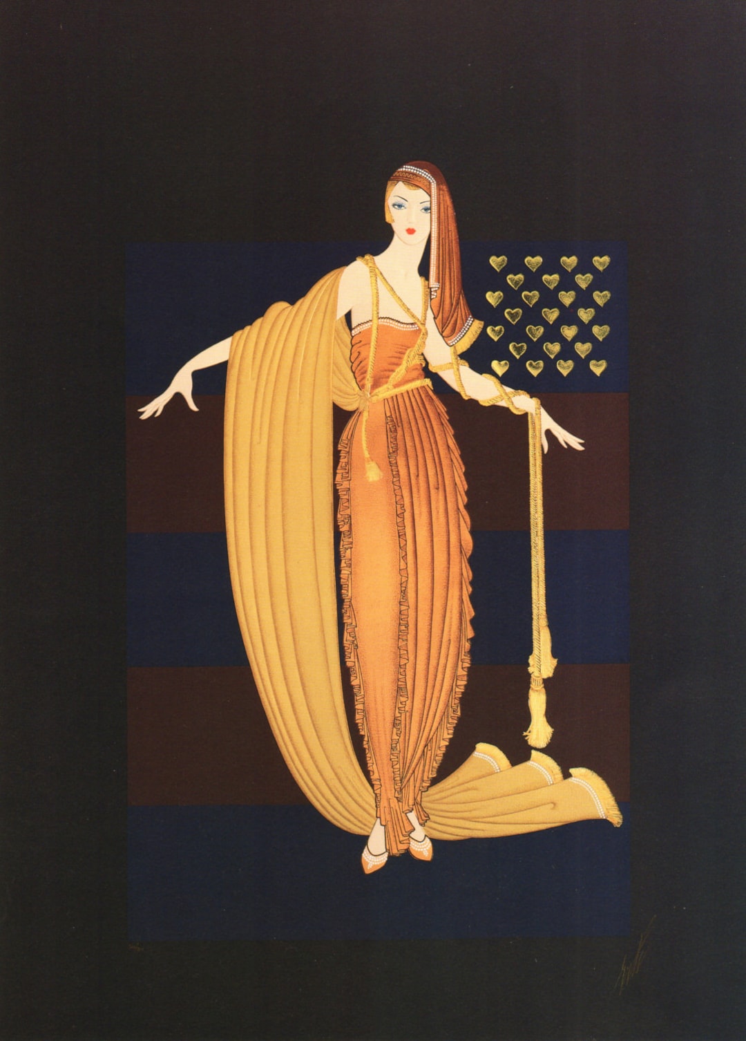 2 Vintage ERTE Art Deco PRINTS Fringe Cape and Tassel Gown Fashion