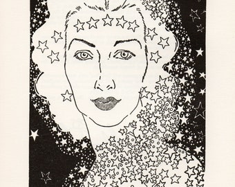 May include: Black and white line art illustration of a woman's face with stars around her head and shoulders. The woman has a crown of stars on her forehead and a star-shaped dress. The artist's signature, "Don Bluth", is in the bottom right corner.