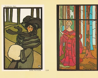Impressão de cartão postal Art Nouveau 1977 Bookplate, ilustração vintage Belle Epoque, arte de parede Mucha Combaz