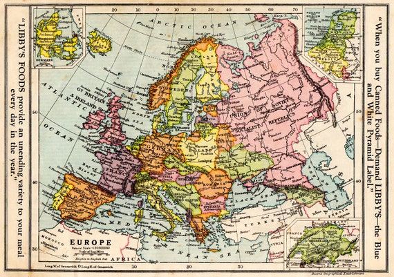 Europa Vintage Mapa 1930 Gt Brytania Dania Szwajcaria Etsy