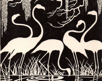 Puede incluir: Ilustración en blanco y negro de cuatro flamencos de pie en un estanque con el cuello curvado. Los flamencos están silueteados contra un fondo de árboles y agua.