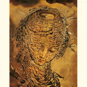 May include: A surrealist painting of a woman's face with a detailed, intricate pattern of overlapping lines and shapes. The face is surrounded by a swirling, abstract background in shades of brown and gold.