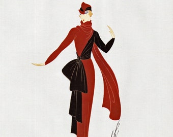 ERTE Original Limited Edition 1980 Vintage Art Deco / Nouveau Print AFTERNOON Dress PARIS